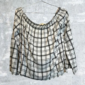 Anthropologie Cloth & Stone White Plaid Off Shoulder Split Hem Blouse size S